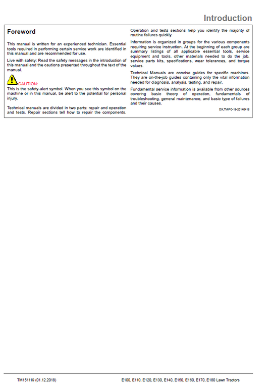John Deere E-Series E100 E110 E120 E130 Repair Manual TM151119