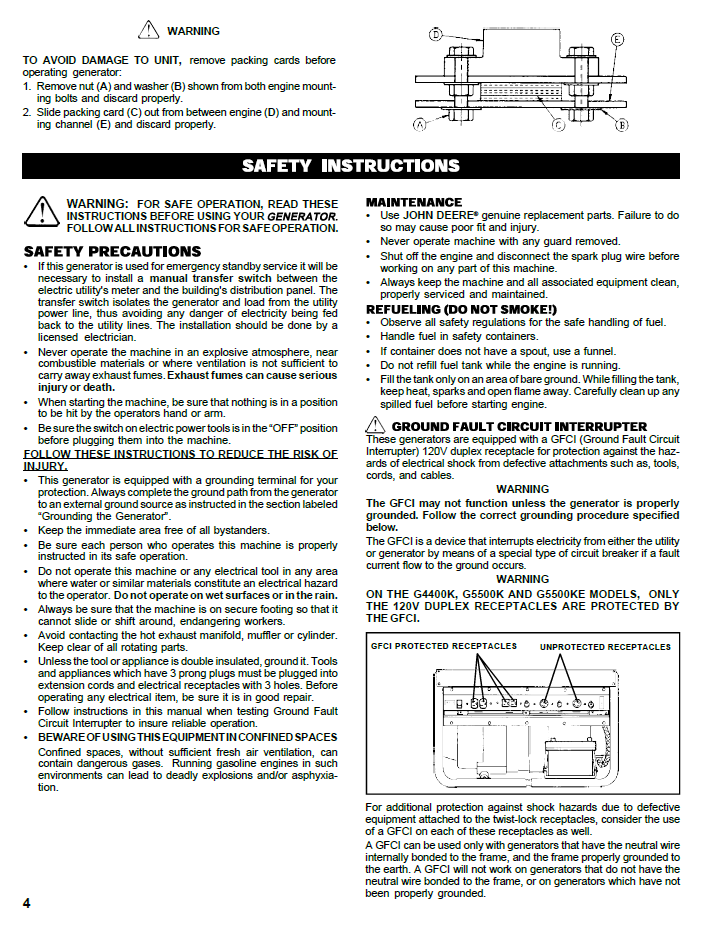 John Deere Electric Generator Operator Guide & Service Information OMPS02245 PDF