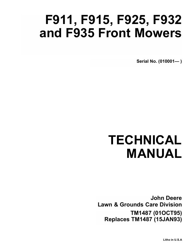 John Deere F911 F915 F925 F932 F935 Front Mower Technical Manual TM1487