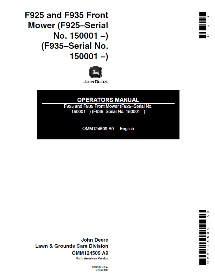 John Deere F925 F935 Front Mower Operator Manual PDF OMM124509
