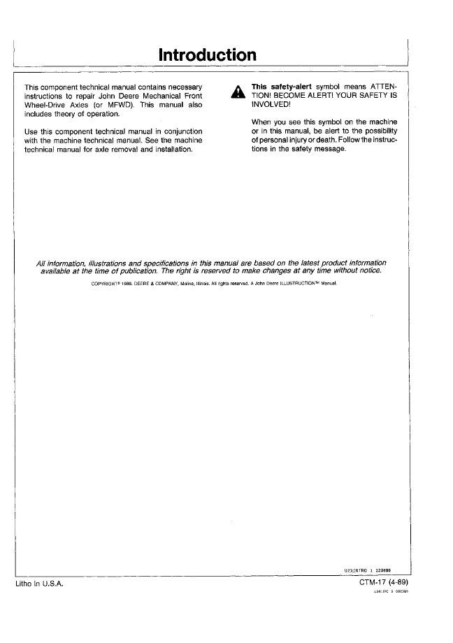 John Deere FWD Axle 1100 Series CTM17 Repair & Technical Manual