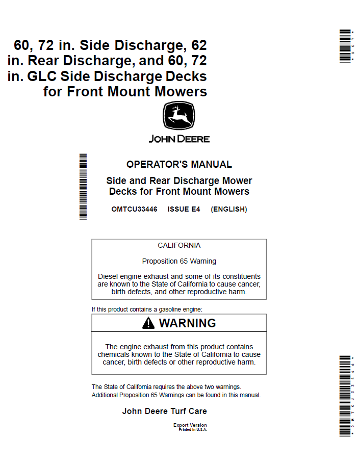 John Deere Front Mount Mower Side & Rear Deck Manual (OMTCU33446)