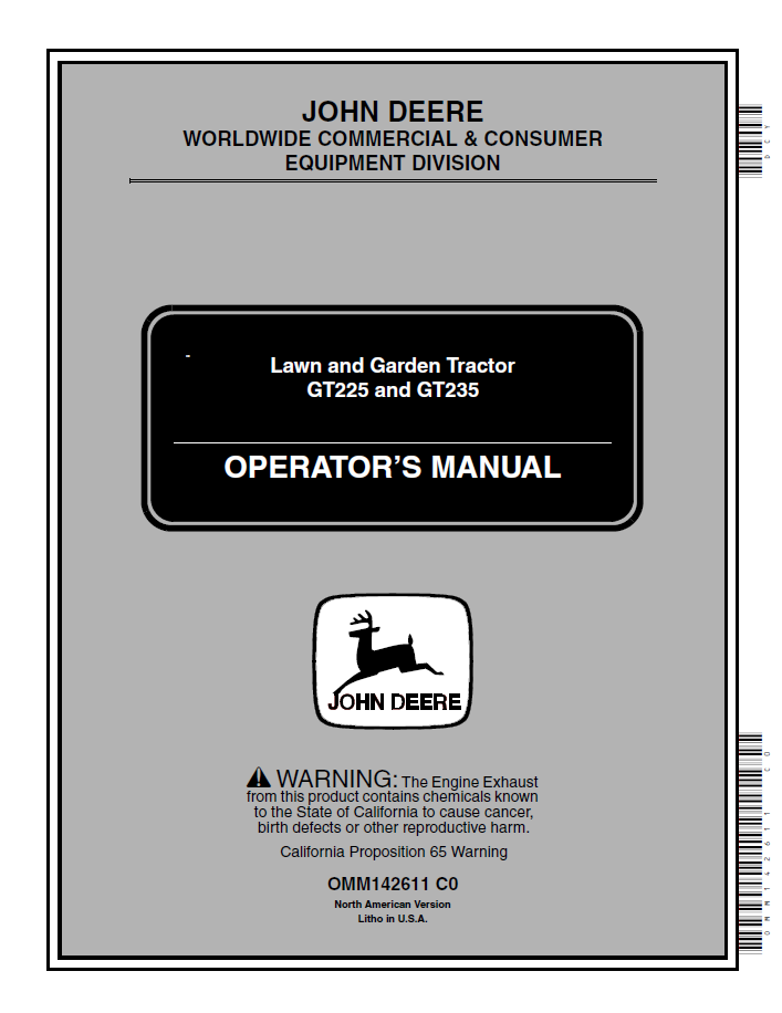 John Deere GT225 & GT235 Lawn and Garden Tractor Operator Manual OMM142611