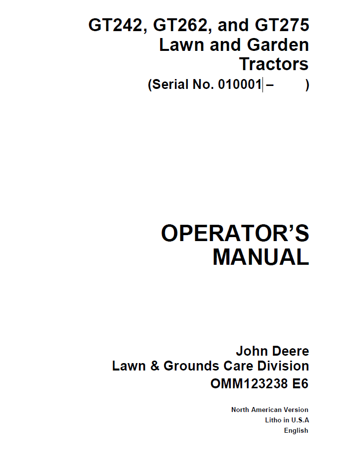 John Deere GT242 GT262 GT275 Lawn Garden Tractor Operator Manual PDF OMM123238