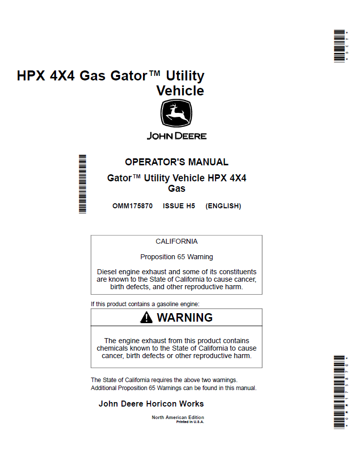 John Deere HPX 4x4 Gas Gator Operator Manual (OMM175870)