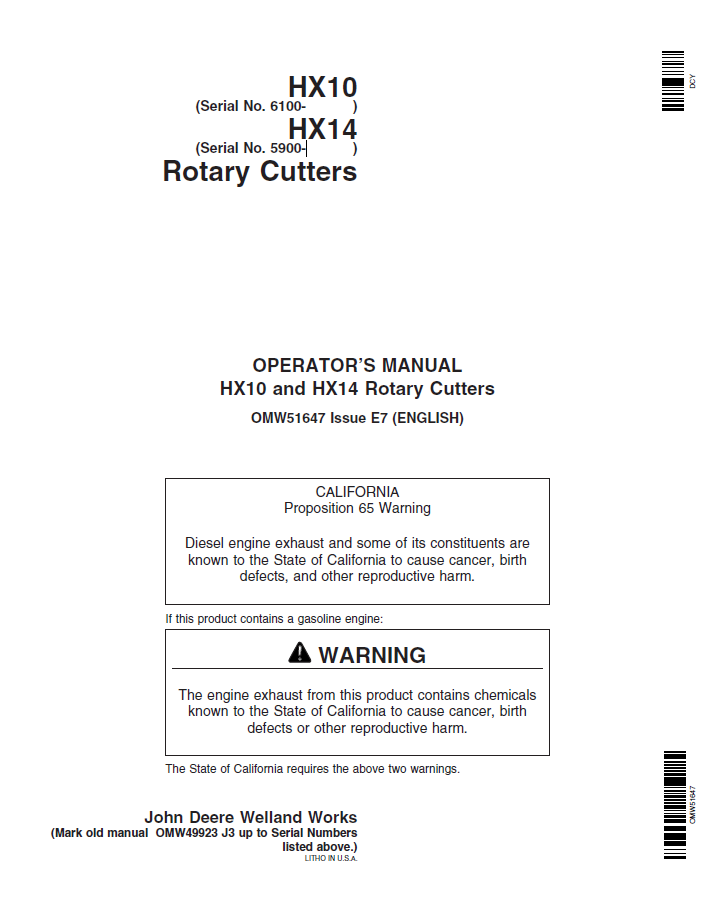 John Deere HX10 & HX14 Rotary Cutter Manual (OMW51647)