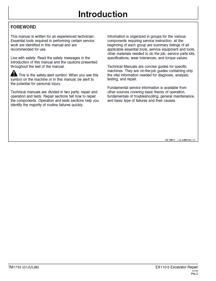 John Deere Hitachi EX110-5 Excavator TM1733 Technical Manual