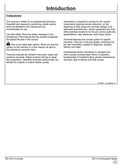 John Deere Hitachi EX110-5 Excavator TM1733 Technical Manual