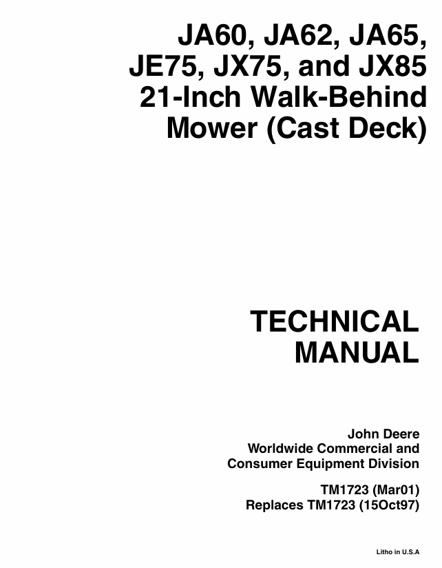 John Deere JA60-JX85 21-Inch Walk-Behind Mower Technical Manual TM1723