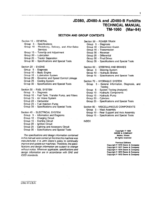 John Deere JD380 JD480-A JD480-B Forklift TM1060 Service Manual