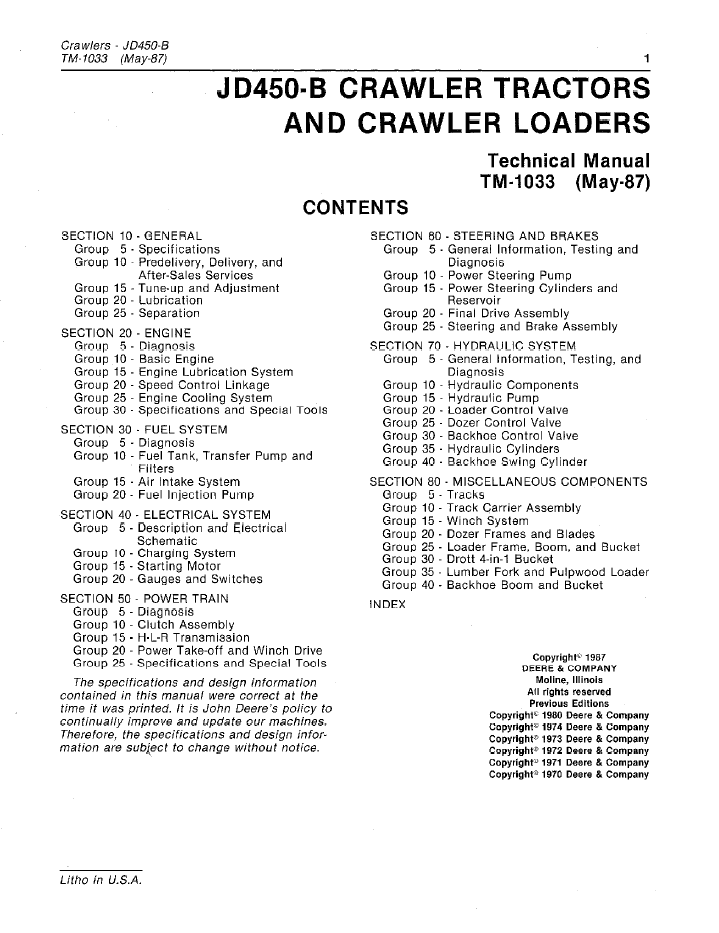 John Deere JD450B Crawler Tractor Repair & Service Manual TM1033