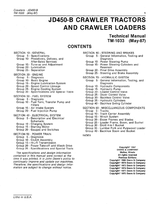 John Deere JD450B Crawler Tractor Repair & Service Manual TM1033