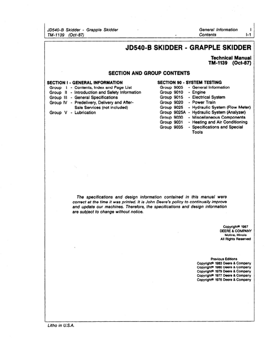 John Deere JD540-B Grapple Skidder TM1139 Technical Manual