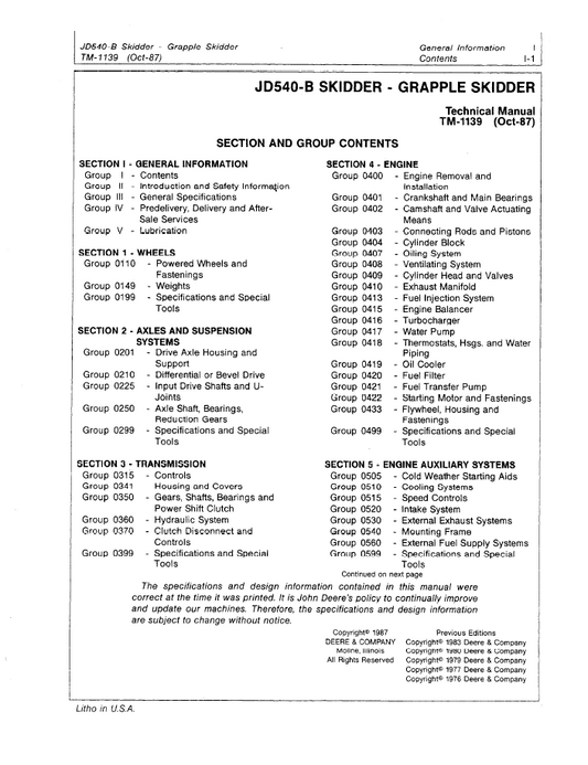 John Deere JD540-B Skidder TM1139 Service & Repair Technical Manual