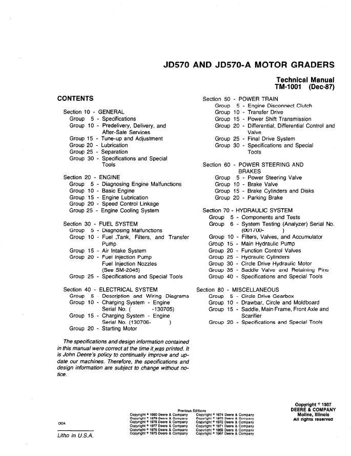 John Deere JD570 JD570A Motor Grader Technical Service Manual TM1001
