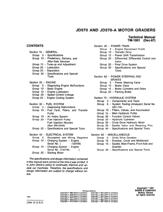 John Deere JD570 JD570A Motor Grader Technical Service Manual TM1001