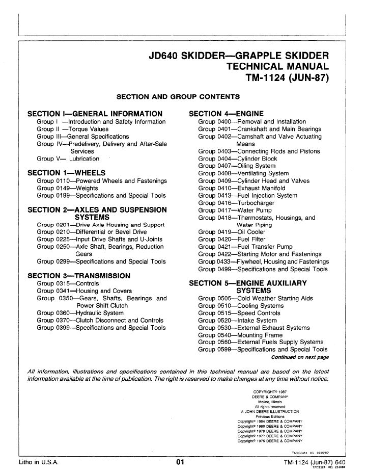 John Deere JD640 Skidder TM1124 Technical Service Manual