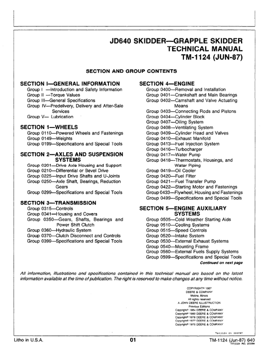 John Deere JD640 Skidder TM1124 Technical Service Manual