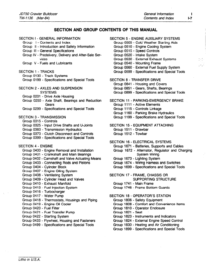 John Deere JD 750 Crawler Tractor Maintenance Manual TM1136