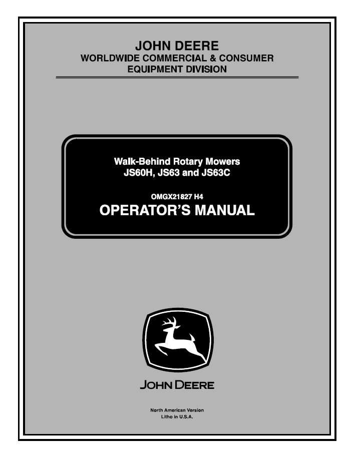 John Deere JS60H JS63 JS63C Walk-Behind Rotary Mower Manual OMGX21827 PDF