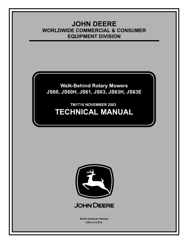 John Deere JS60 JS60H JS61 JS63 Walk-Behind Mower Technical Manual TM1710