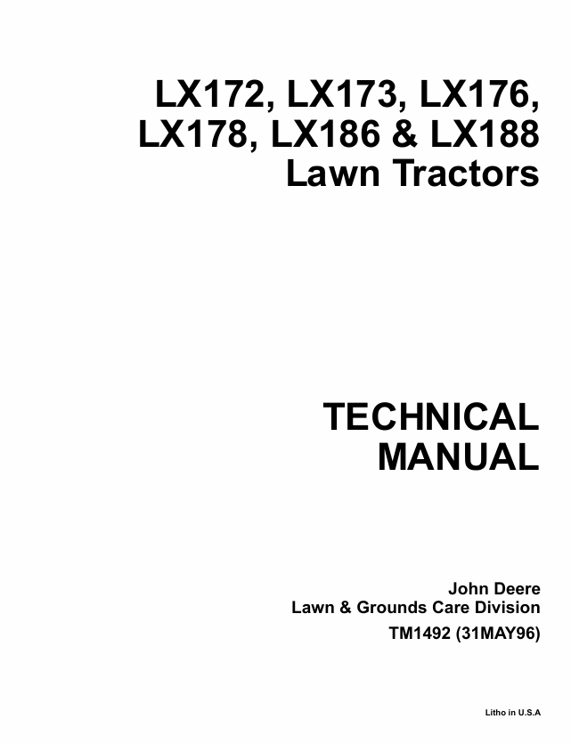 John Deere LX172 LX173 LX176 LX178 LX186 LX188 Technical Manual TM1492