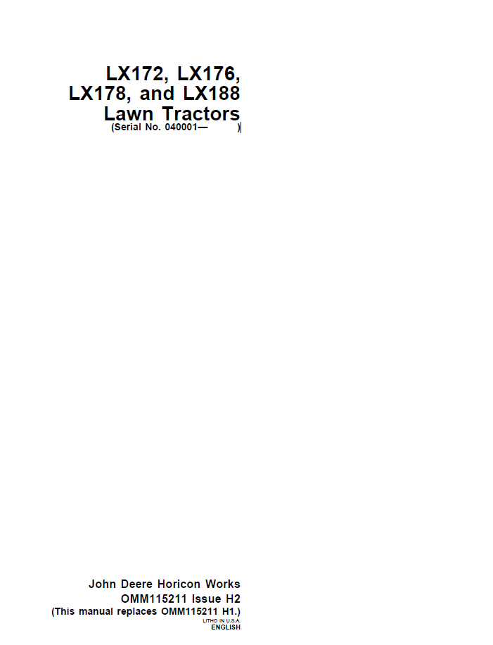 John Deere LX172 LX176 LX178 LX188 Lawn Tractor Operator Manual PDF OMM115211