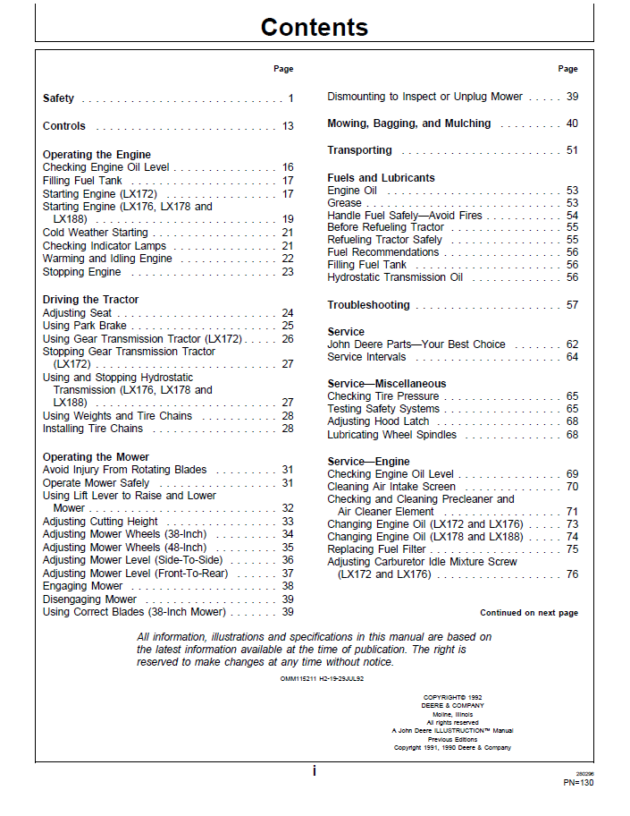 John Deere LX172 LX176 LX178 LX188 User Manual Download PDF