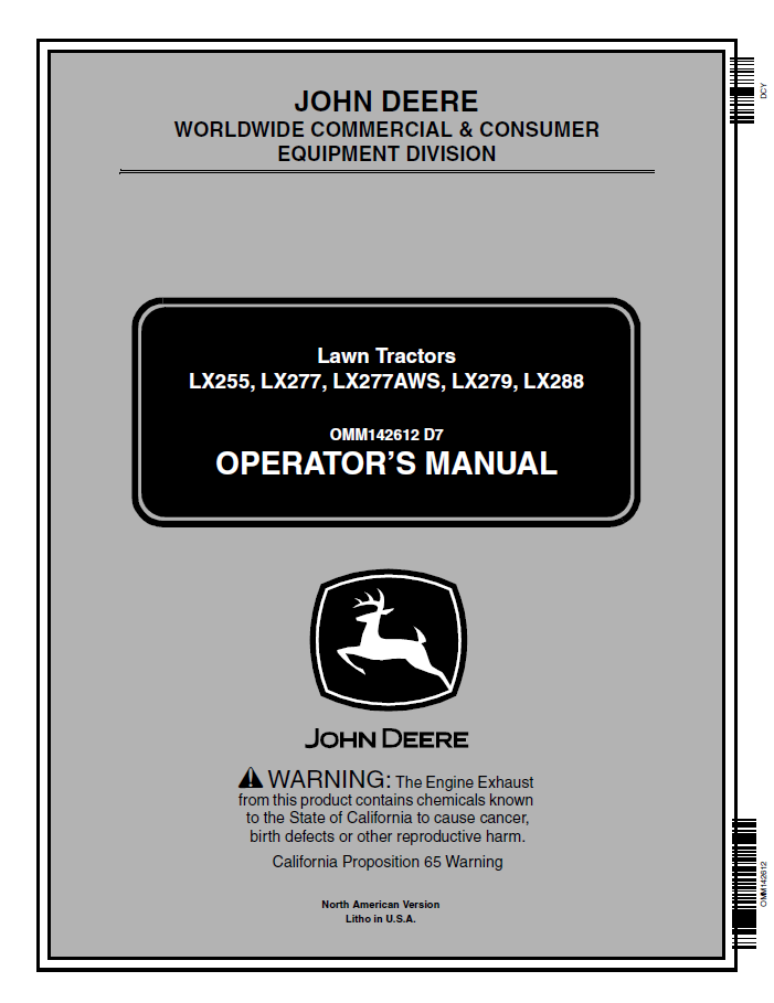John Deere LX255 LX277 LX277AWS LX279 LX288 Lawn Tractor Operator Manual OMM142612