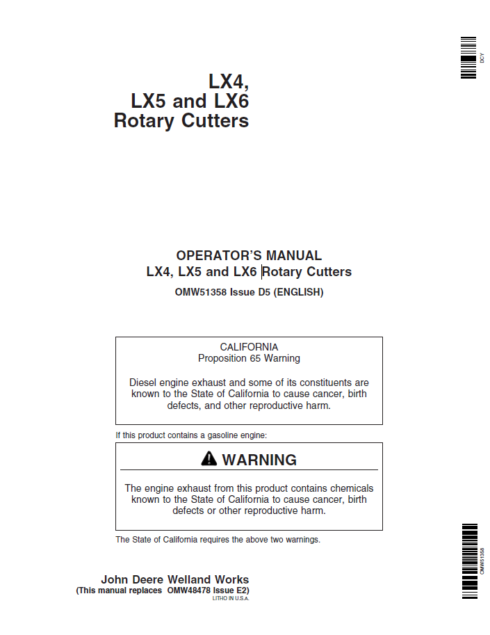 John Deere LX4, LX5 & LX6 Rotary Cutter Manual (OMW51358)