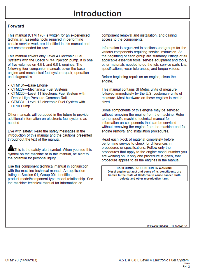 John Deere Level 4 Fuel System CTM170 Component Technical Manual