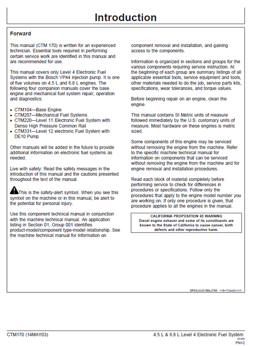 John Deere Level 4 Fuel System CTM170 Component Technical Manual