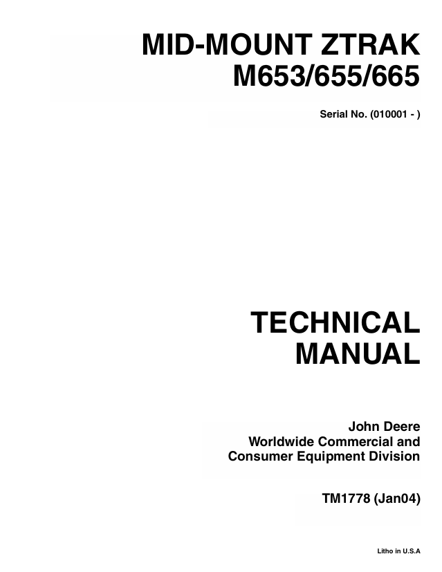 John Deere M653 M655 M665 Mid-Mount Z-Trak Technical Manual TM1778