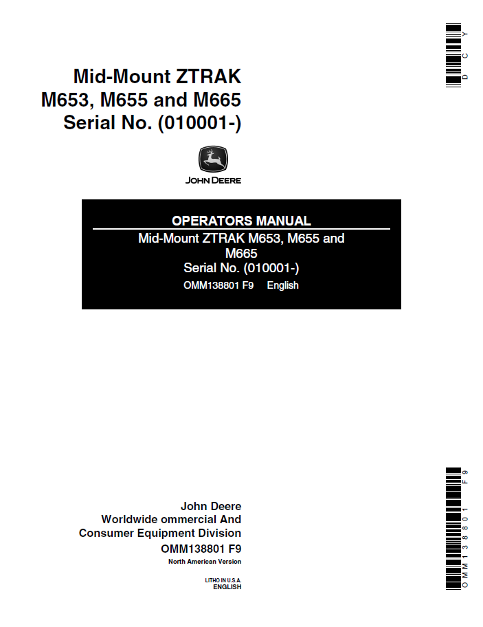 John Deere M653 M655 M665 Mid-Mount ZTrak Operator Manual PDF OMM138801