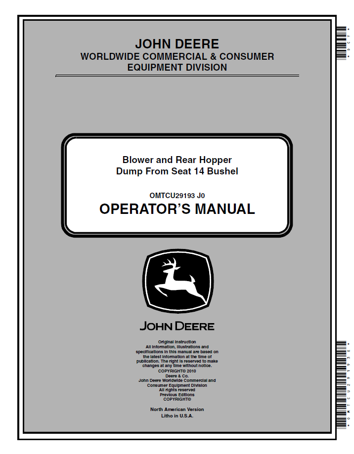 John Deere MCS 14-Bushel Blower and Hopper Dump Operator Guide
