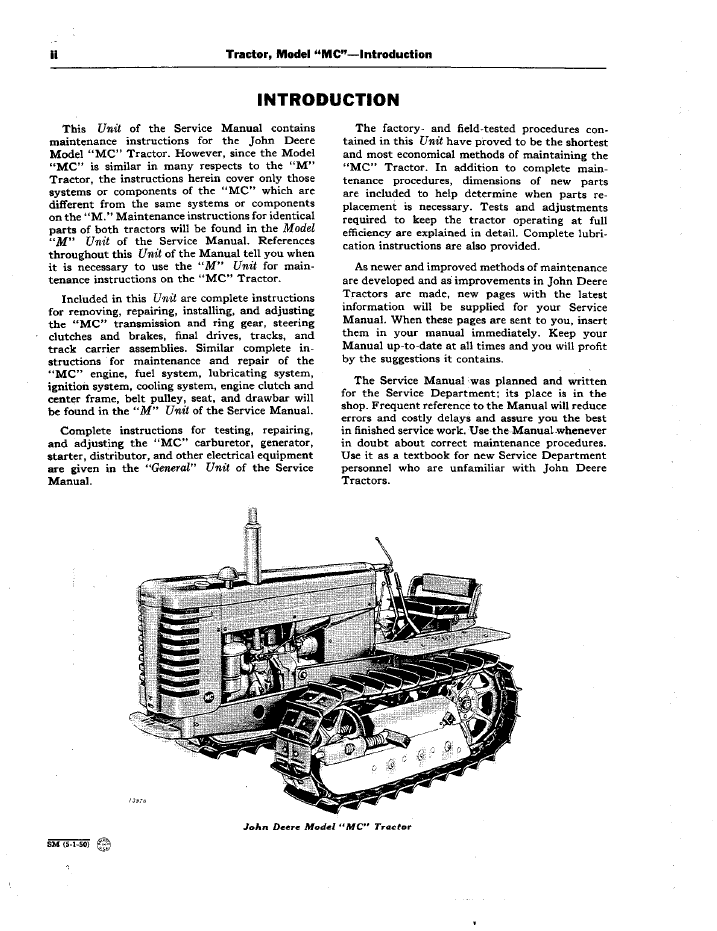John Deere MC Tractor Operation and Service Technical Manual SM2003