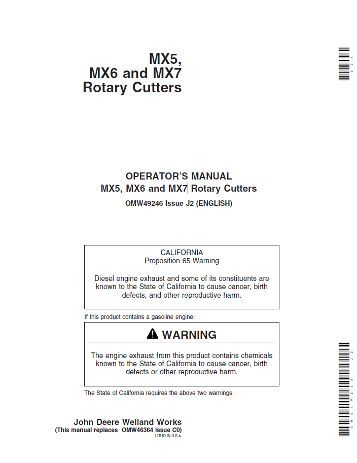 John Deere MX5, MX6 & MX7 Rotary Cutter Manual (OMW49246)
