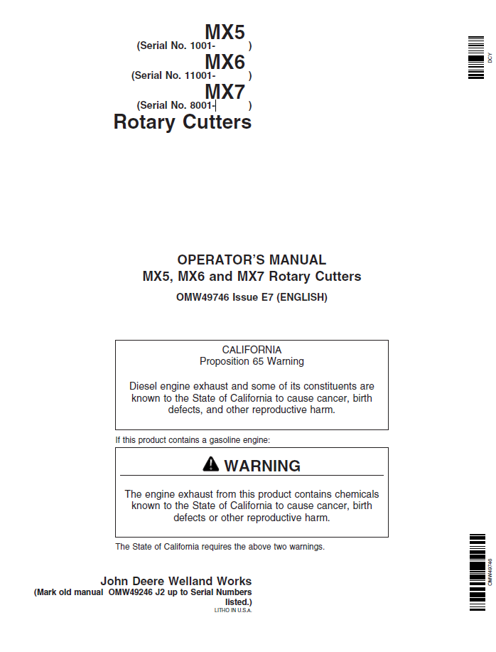 John Deere MX5, MX6 & MX7 Rotary Cutter Manual (OMW49746)