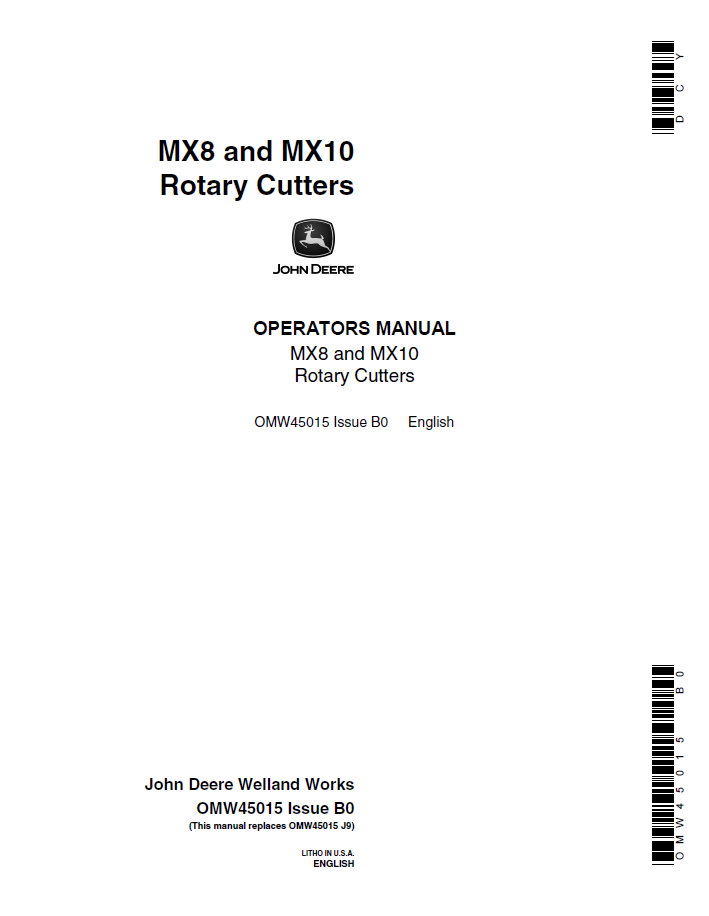 John Deere MX8 & MX10 Rotary Cutter Operator Manual (OMW45015)
