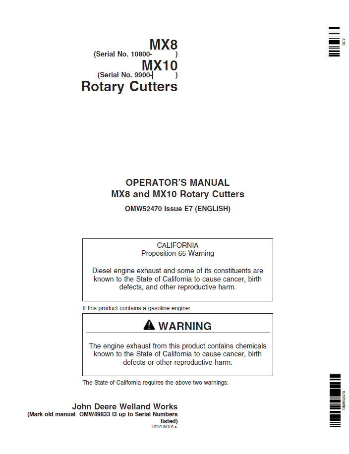 John Deere MX8 & MX10 Rotary Cutter Operator Manual (OMW52470)