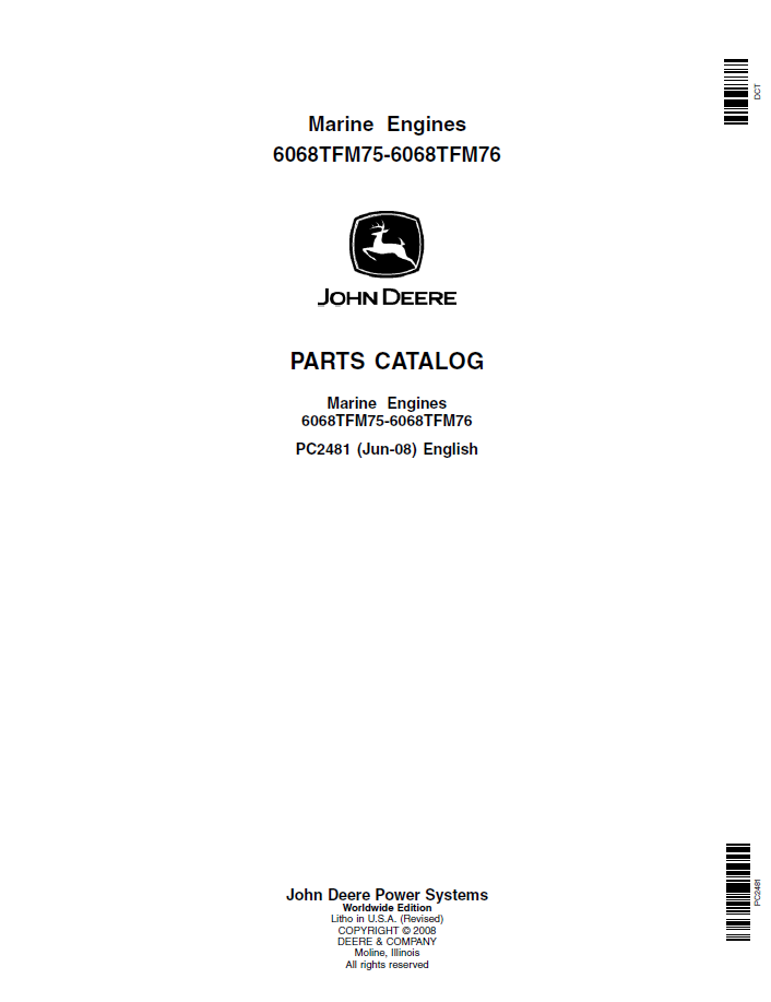 John Deere Marine Engine 6068TFM75 & 6068TFM76 Parts Catalogue Manual PC2481