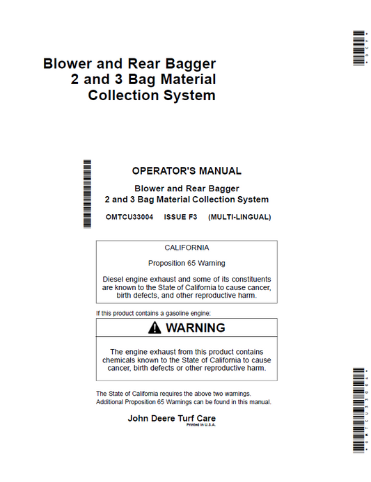 John Deere Material Collection System 2–3 Bag Blower Manual OMTCU33004