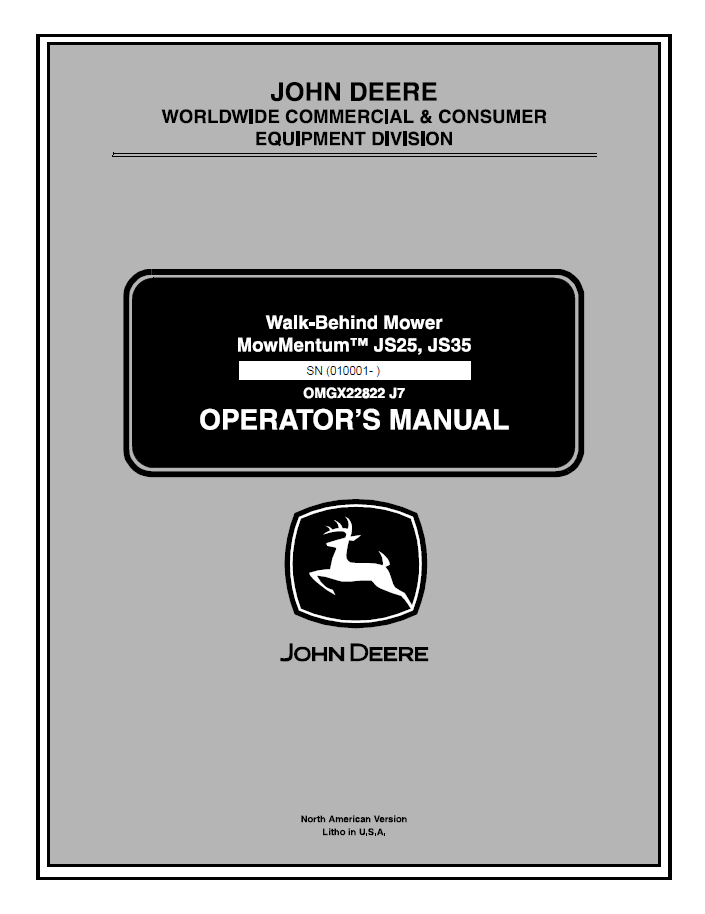 John Deere MowMentum JS25 JS35 Walk-Behind Mower Manual OMGX22822 PDF