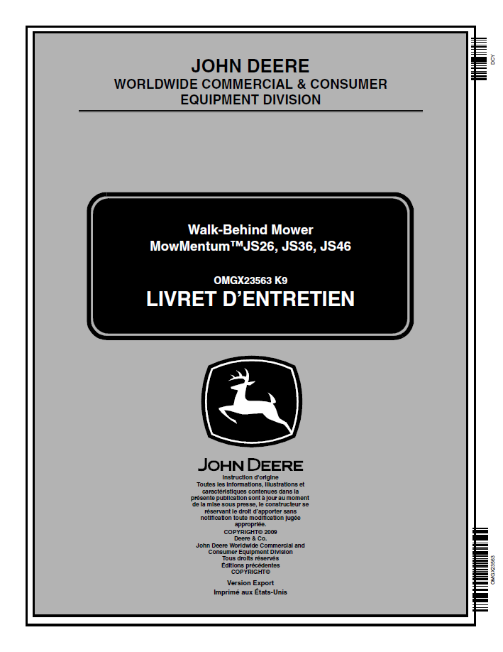 John Deere MowMentum JS26 JS36 JS46 Walk-Behind Mower Manual OMGX23563 PDF