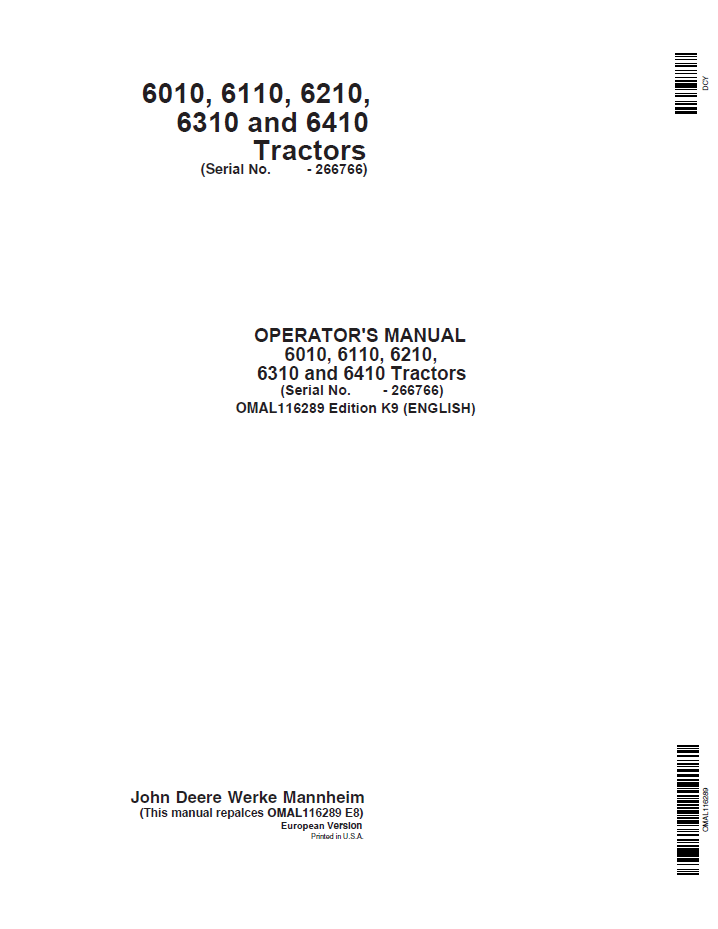 John Deere OMAL116289 6010-6410 Tractor Operator Manual
