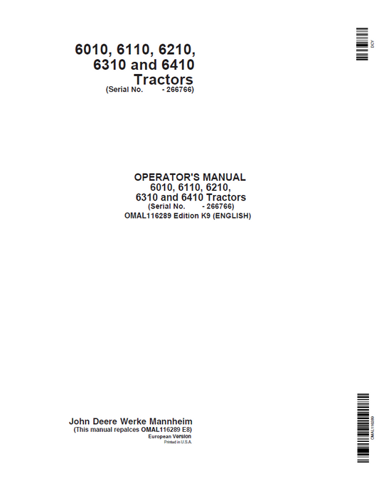 John Deere OMAL116289 6010-6410 Tractor Operator Manual
