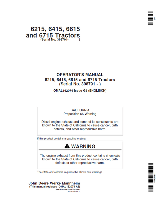 John Deere OMAL162074 Tractor Operator Manual for 6215–6715 Models