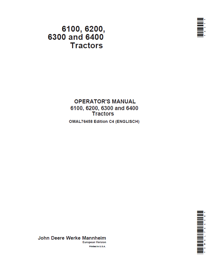 John Deere OMAL76458 6100 6200 6300 6400 Tractor Operator Manual