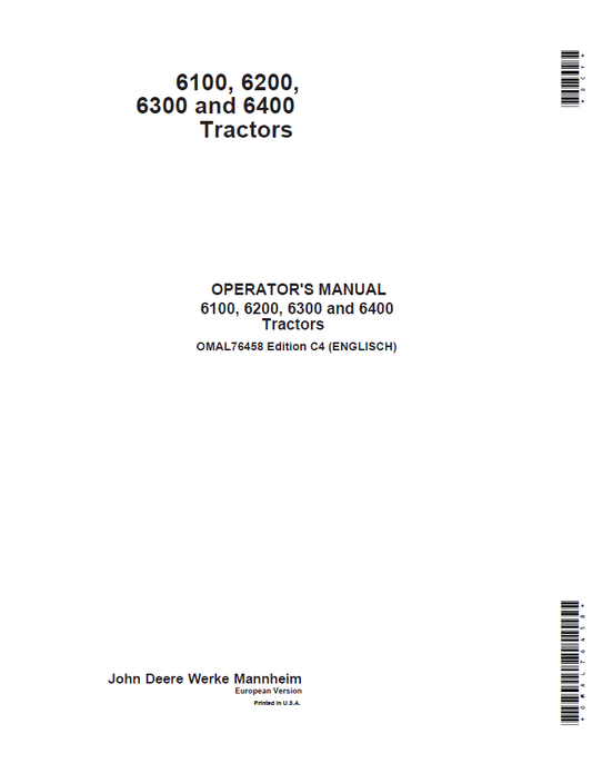 John Deere OMAL76458 6100 6200 6300 6400 Tractor Operator Manual