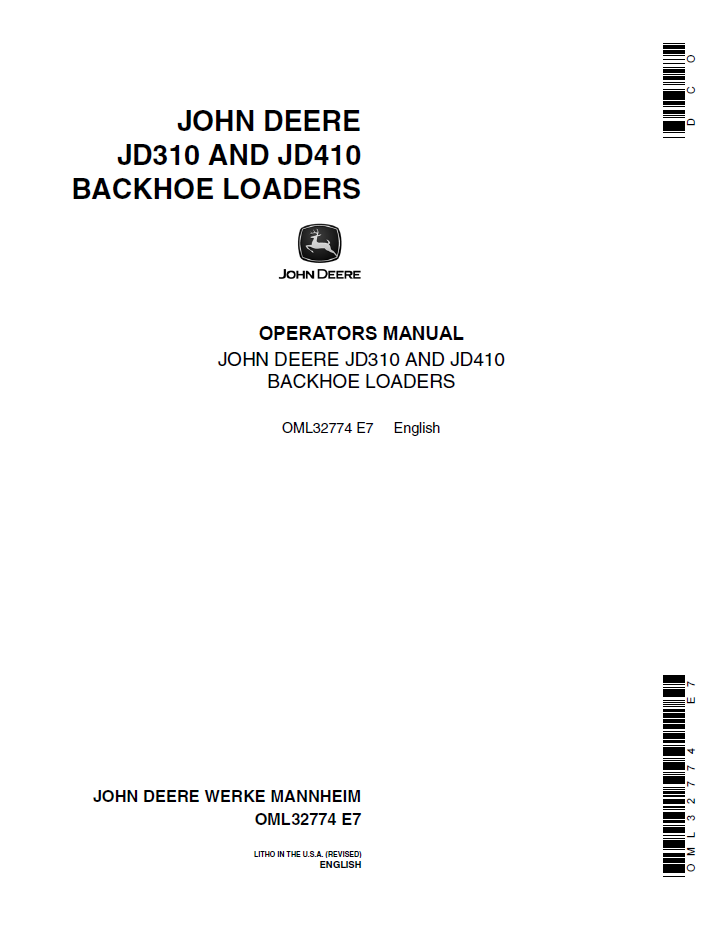 John Deere OML32774 JD310 JD410 Backhoe Loader Operator Manual PDF